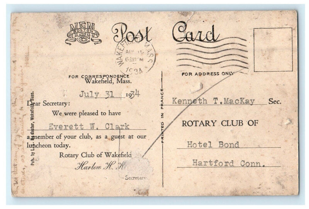 1934 Hiker Monument Common Wakefield MA Rotary Club Lunch Advertising Postcard