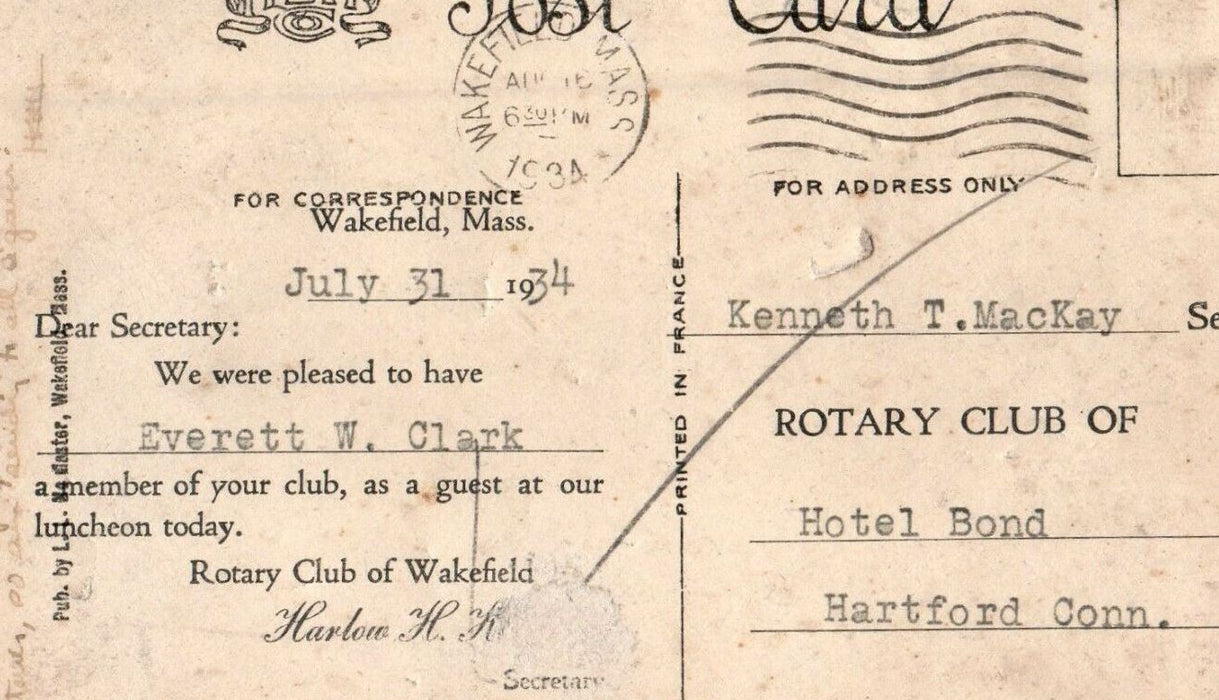 1934 Hiker Monument Common Wakefield MA Rotary Club Lunch Advertising Postcard