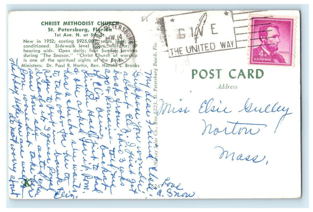 1963 Christ Methodist Church Street View Cars St. Petersburg Florida FL Postcard