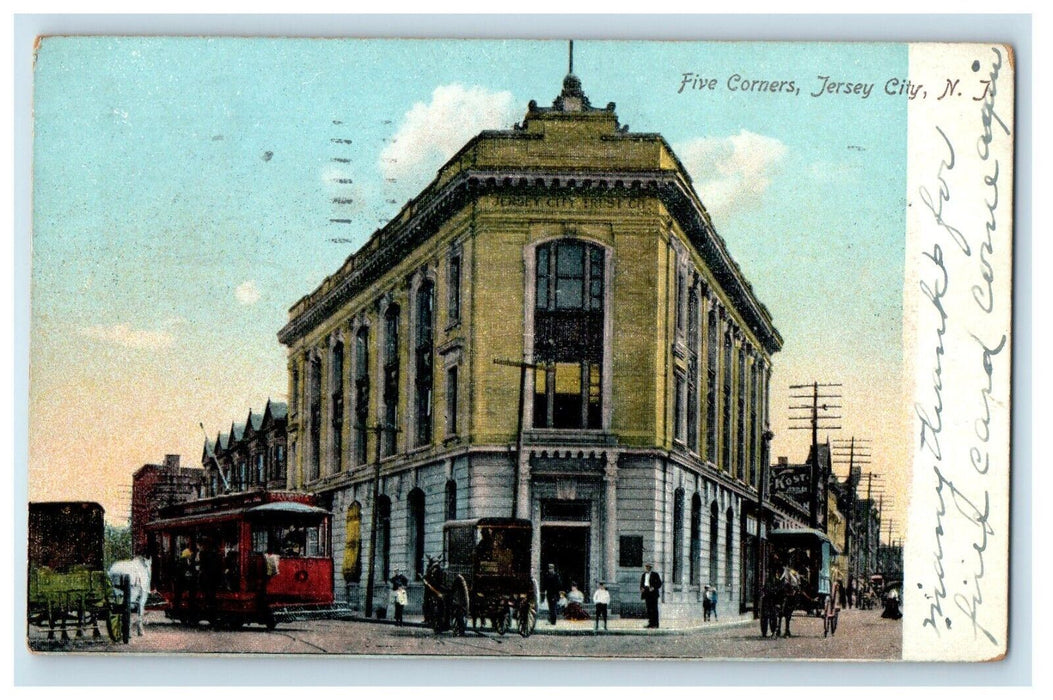 1908 Five Corners Trolley Horse Carriage Jersey City New Jersey NJ Postcard