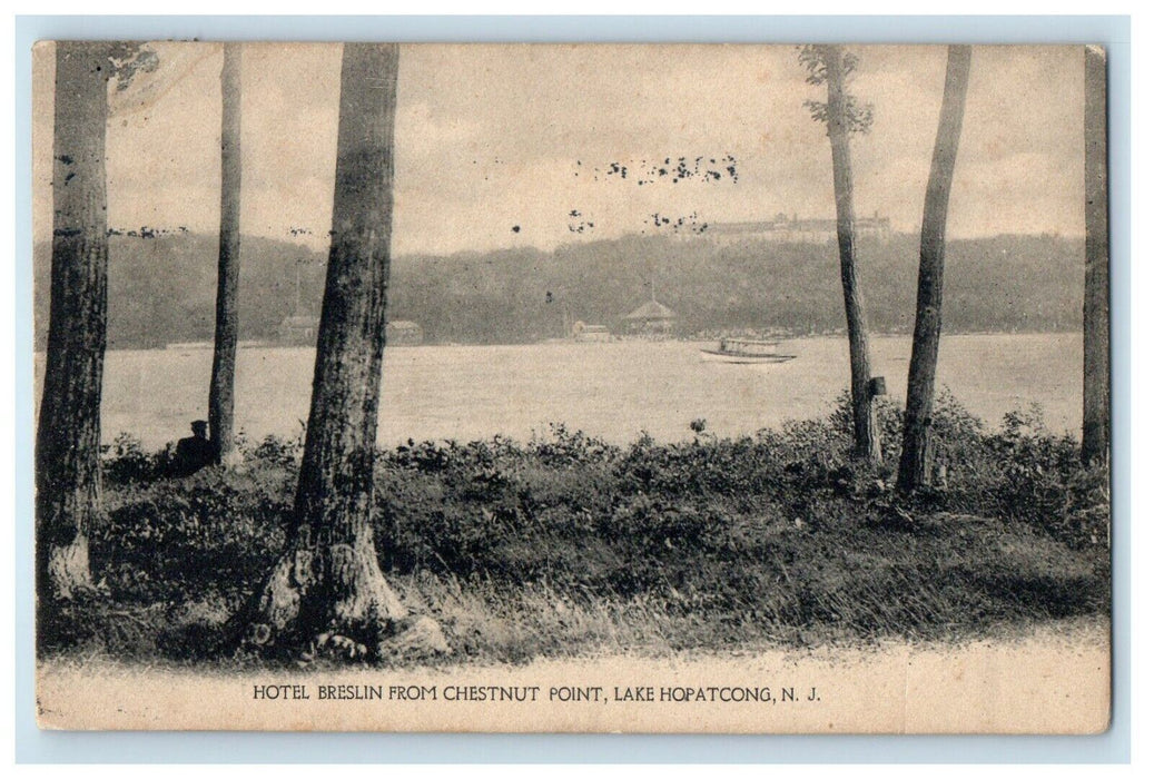 1910 Hotel Breslin From Chestnut Point Lake Boat Hopatcong NJ Antique Postcard