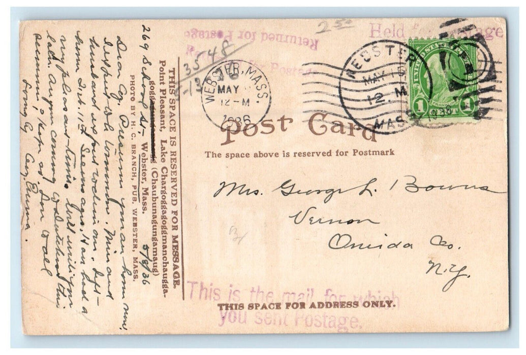 1936 Point Pleasant Lake Chargoggagogg Webster Massachusetts MA Vintage Postcard