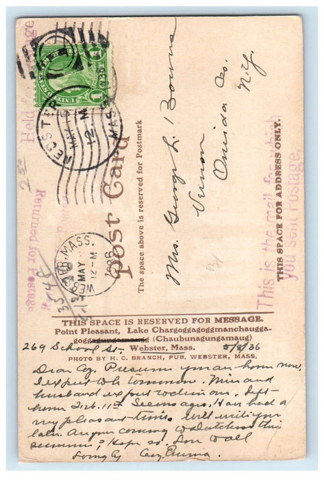 1936 Point Pleasant Lake Chargoggagogg Webster Massachusetts MA Vintage Postcard