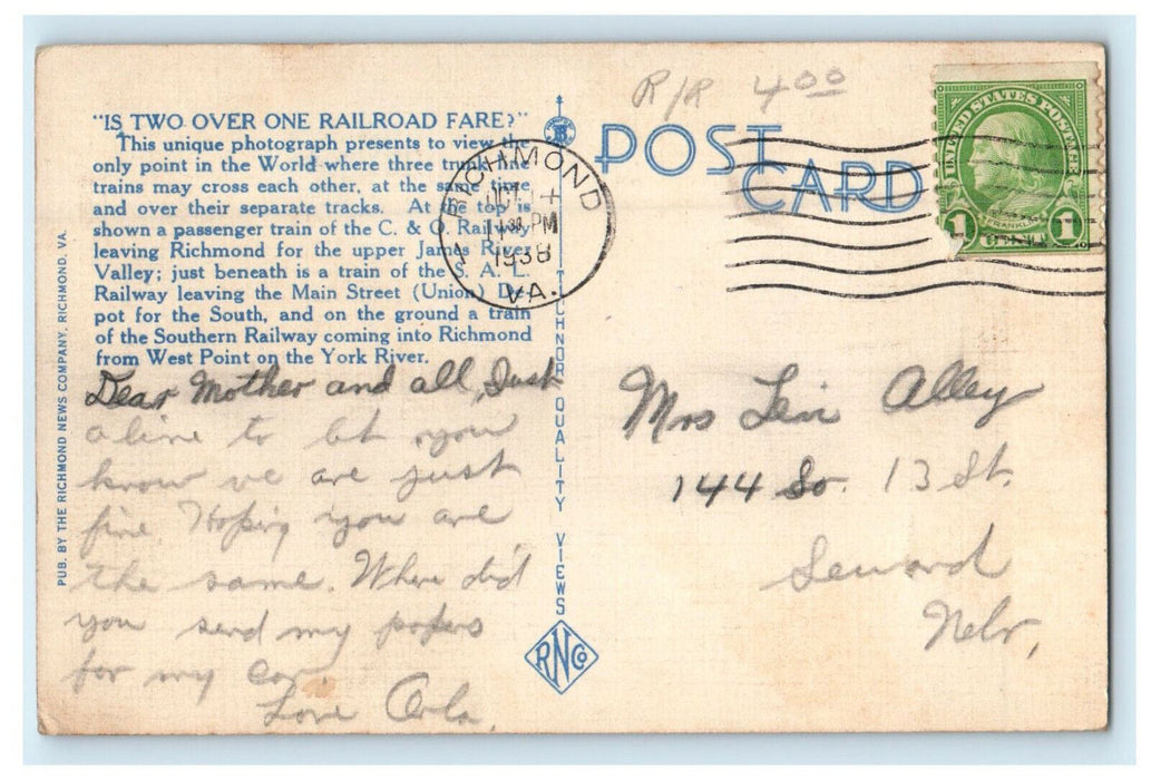 1938 Is Two Over One Railroad Fare? Richmond Virginia VA Posted Postcard