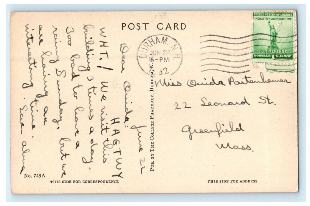 1942 The Commons University of New Hampshire Durham, New Hampshire NH Postcard