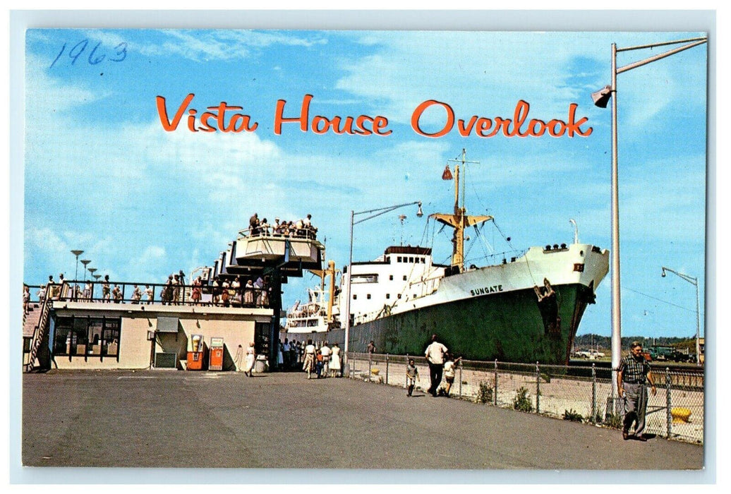 1963 Massena NY, Vista House Eisenhower Lock Overlook Sungate Ship Postcard