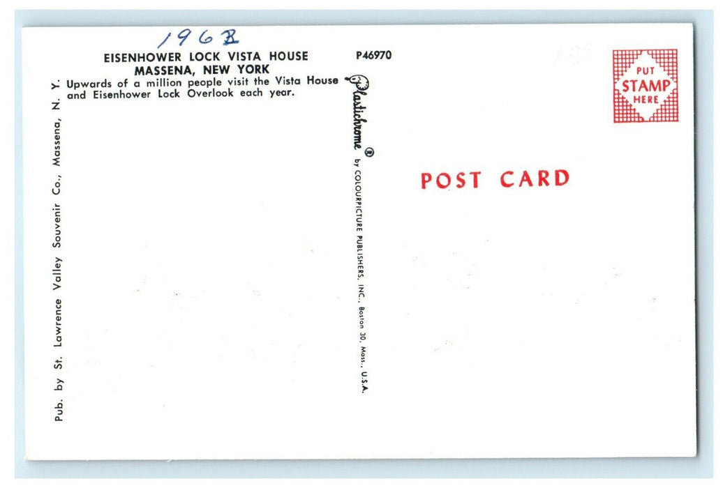 1963 Massena NY, Vista House Eisenhower Lock Overlook Sungate Ship Postcard