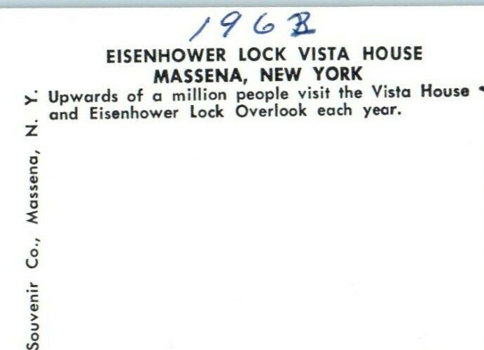 1963 Massena NY, Vista House Eisenhower Lock Overlook Sungate Ship Postcard