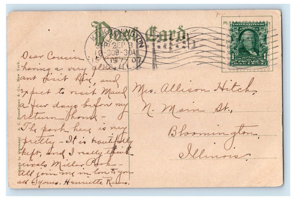 1907 Kokomo Indiana IN, View In City Park Bridge Posted Antique Postcard