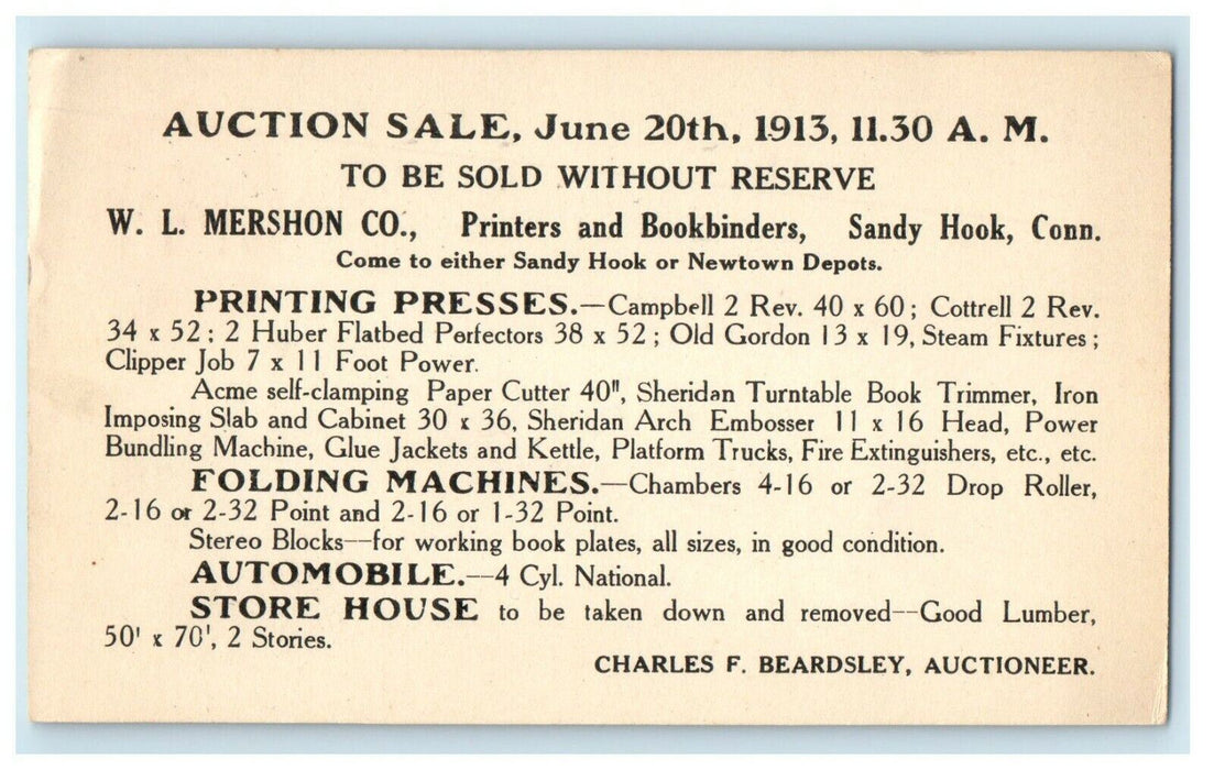 1913 Printing Machine Auction Advertising Sandy Hook Connecticut CT Postcard