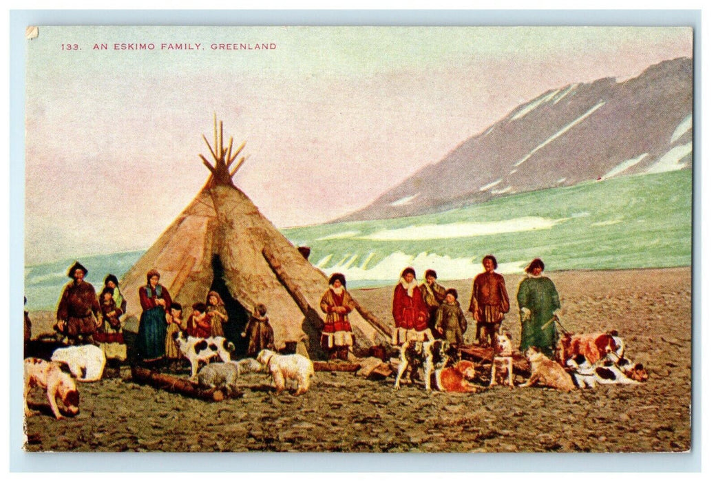 c1940's An Eskimo Family Shepherd Dog Teepee Greenland Postcard