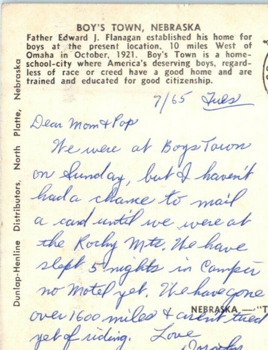 1965 Boys Town NE, Home For Boys School City Father Edward J. Flanagan Postcard