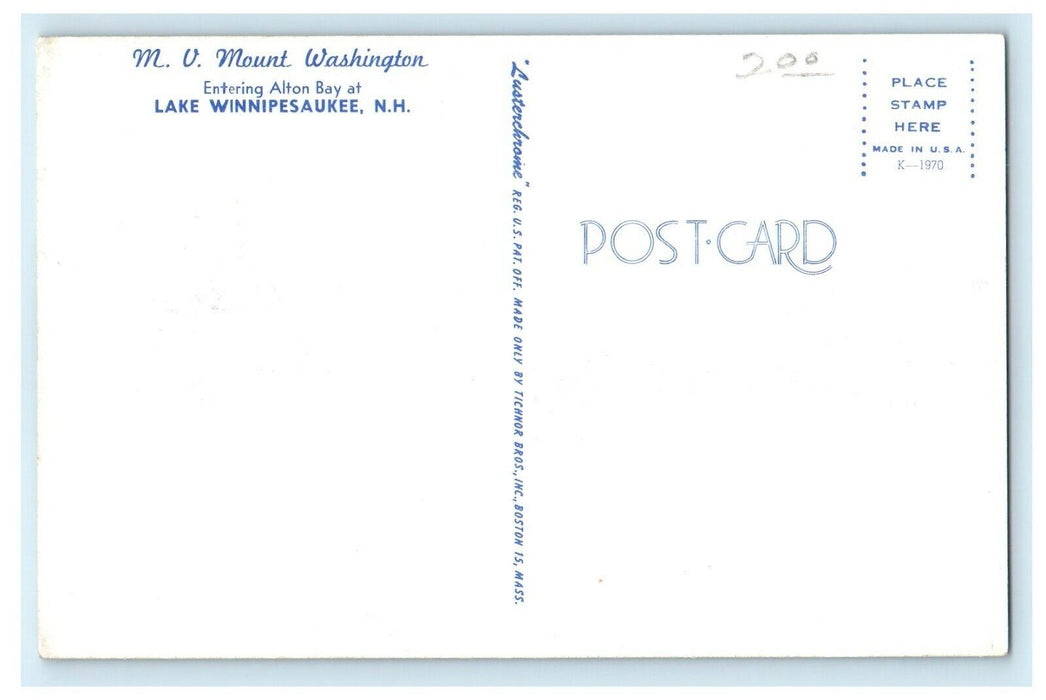 Winnipesaukee NH, M.V Mount Washington Entering Alton Bay Ferry Ship Postcard