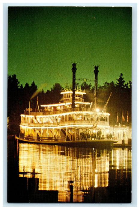 c1960 Mark Twain Steamboat in Moonlights Cruise to Rivers of America Postcard