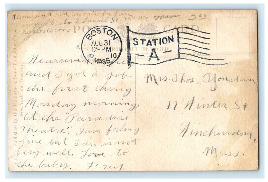 1910 Mission Church, Roxbury, Massachusetts MA Antique Cancel Posted Postcard