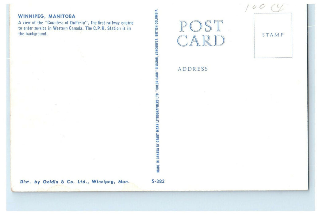 c1970 Countess of Dufferin Locomotive Train CPR Station Winnipeg Canada Postcard