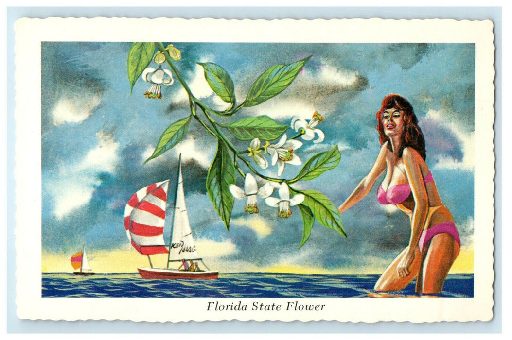 c1960 Girl In Bikini, Sailboat, Orange Blossom Florida State Flower Postcard