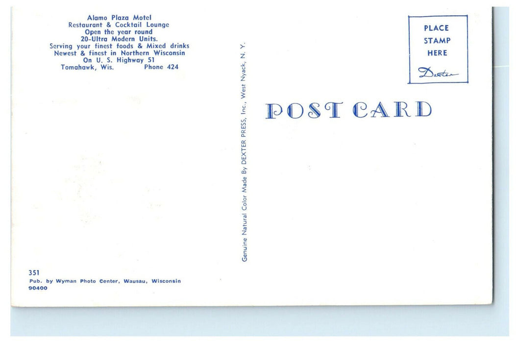 c1960 Alamo Plaza Motel Restaurant Tomahawk Wisconsin WI Advertising Postcard