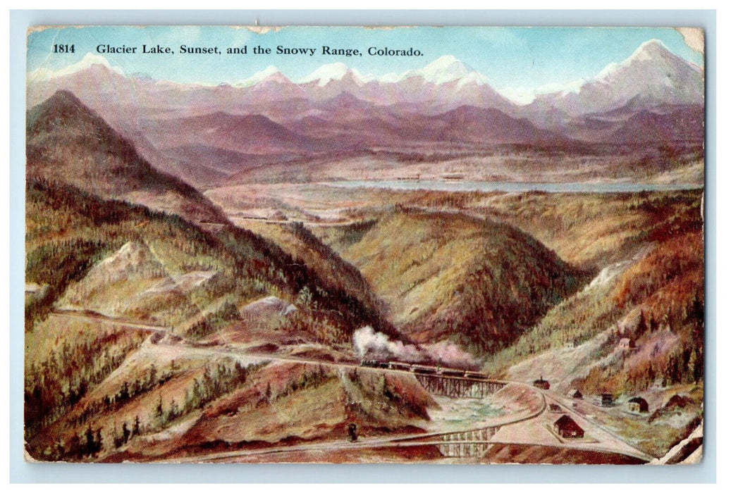 1912 Glacier Lake, Sunset and the Snowy Range, Colorado CO Posted Postcard