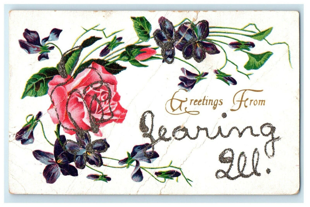 Greetings From Zearing Illinois IL Flowers Glitter Germany Postcard