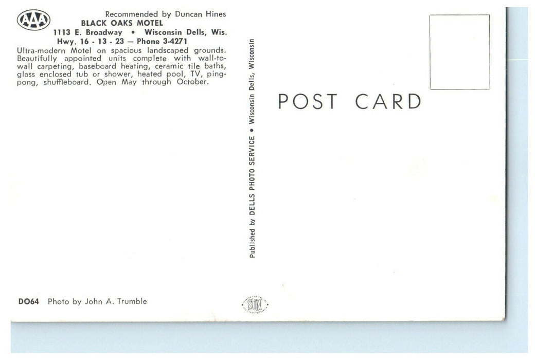 c1950 Black Oaks Motel Wisconsin Dells, Wisconsin WI Advertising Postcard