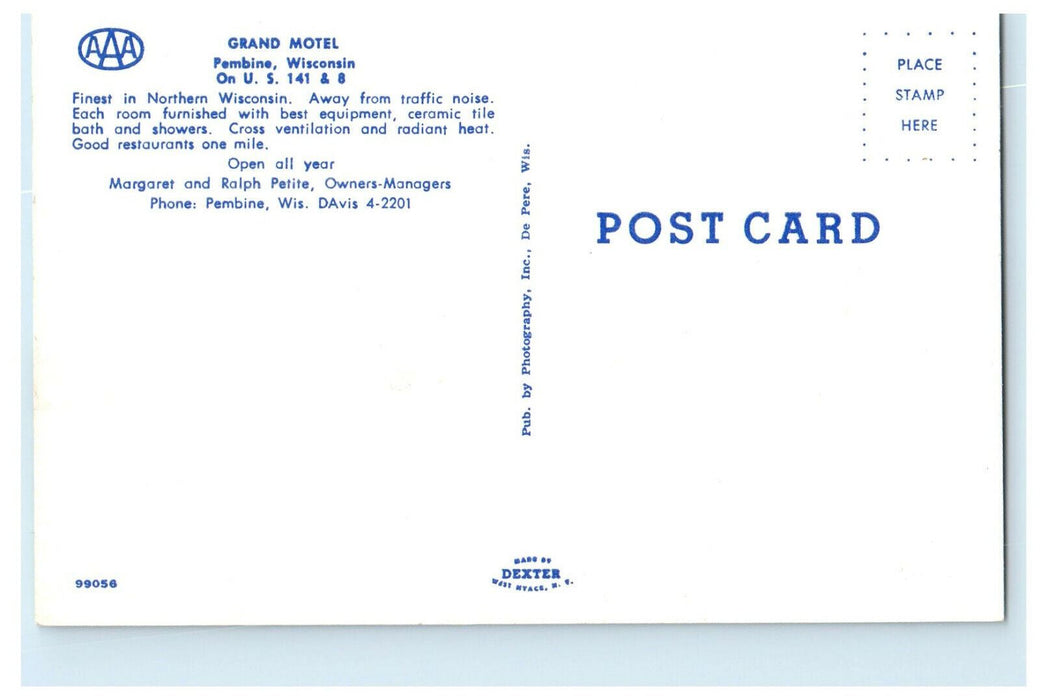 c1950 Front View, Grand Motel, Pembine, Wisconsin WI Advertising Postcard
