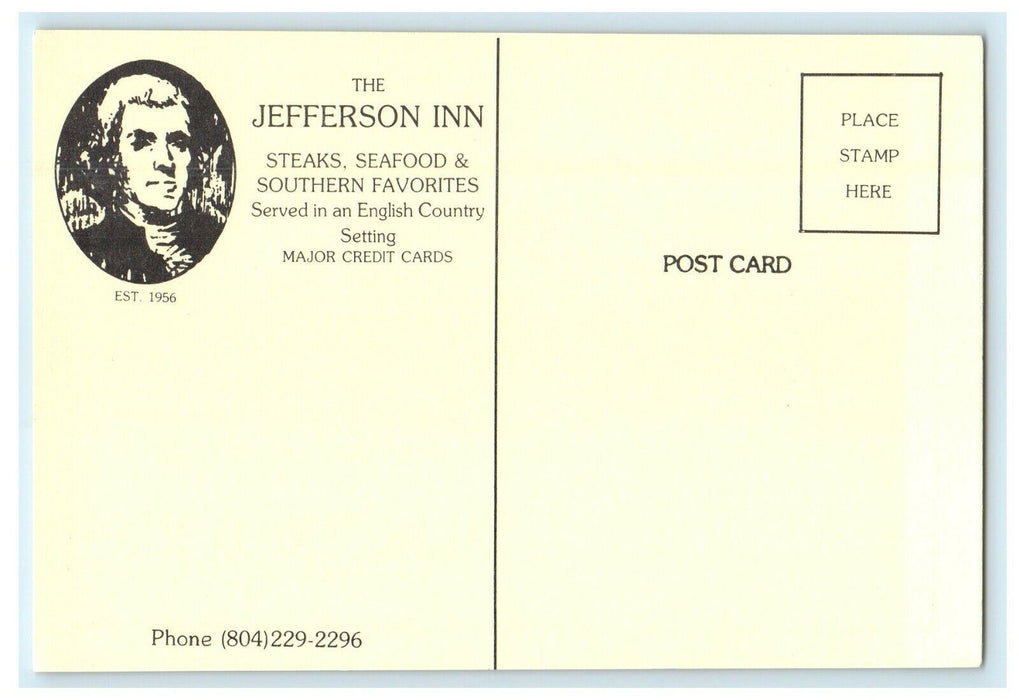 1956 The Jefferson Inn, Williamsburg Virginia Unposted Advertising Postcard