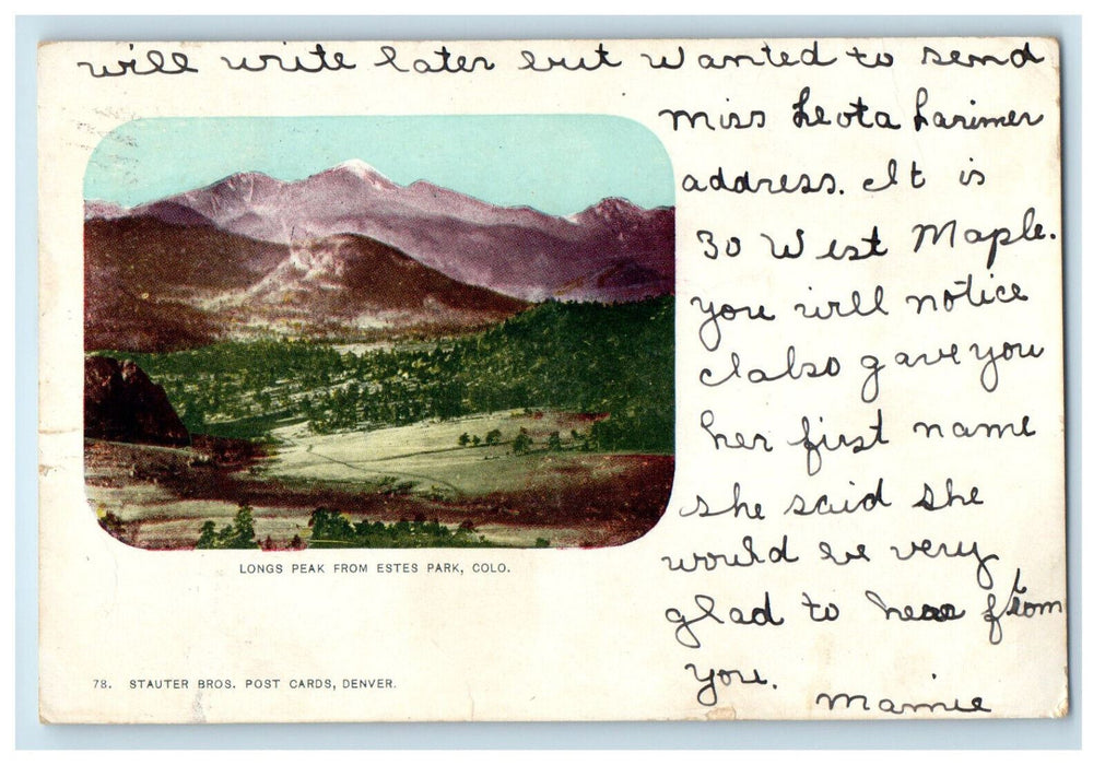 1908 Long's Peak from Estes Park Colorado CO Posted Stauter Bros. Postcard