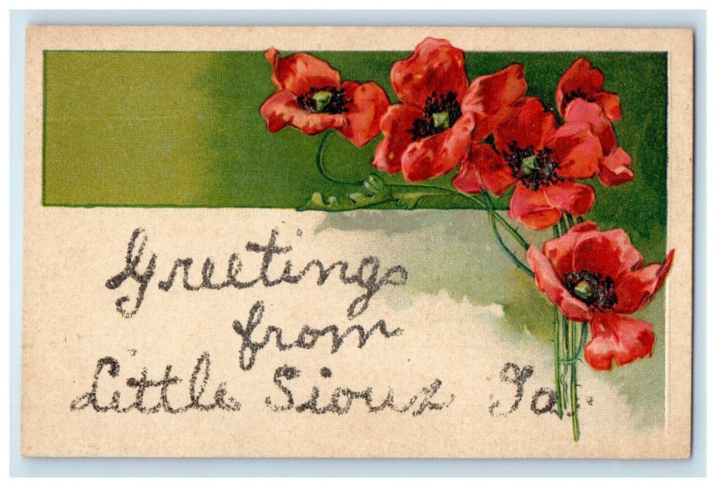 c1910's Greetings From Little Sioux Iowa IA, Flowers Glitter Embossed Postcard
