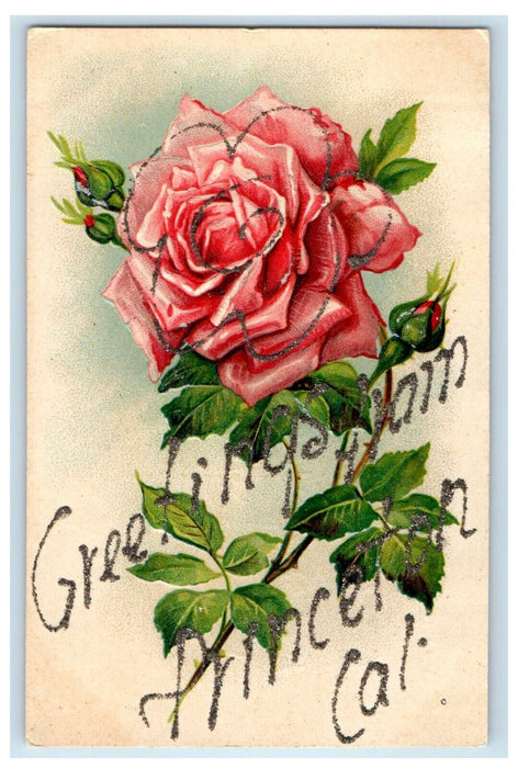 c1910's Greetings From Princeton California CA, Pink Rose Embossed Postcard