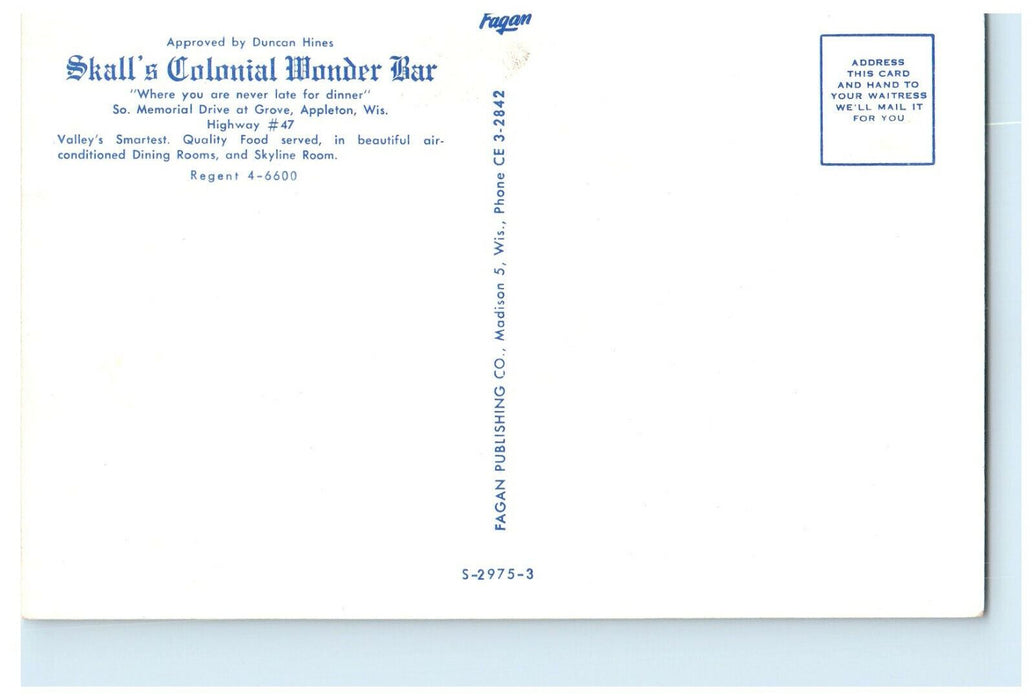 c1960 Skalls Colonial Wonder Bar Appleton Wisconsin WI Advertising Postcard