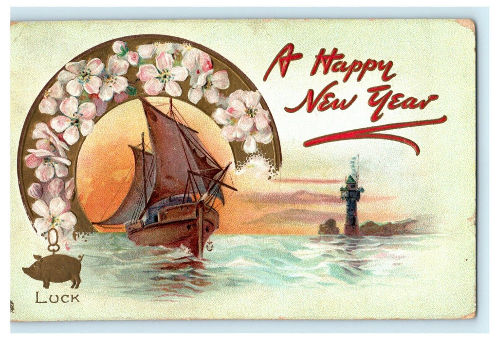 New Year Pig Luck Sailboat Gassler 1910 Tucks Embossed Vintage Antique Postcard