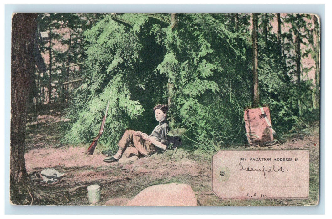 c1910 Boy, Leaf Tent, My Vacation Address is Greenfield NH Postcard