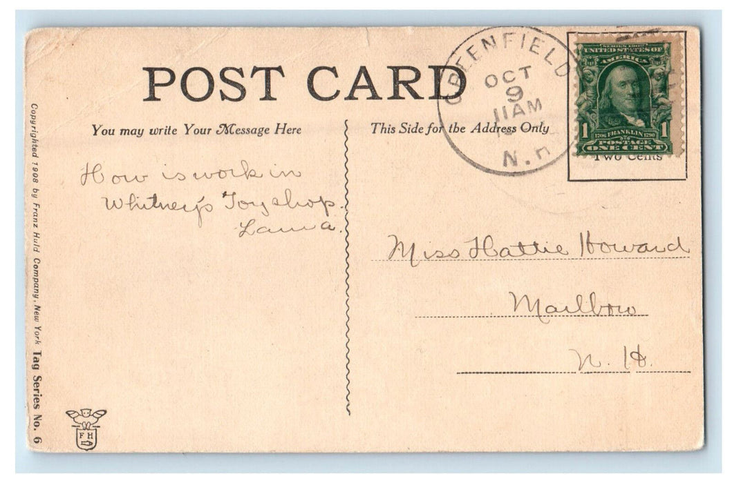 c1910 Boy, Leaf Tent, My Vacation Address is Greenfield NH Postcard