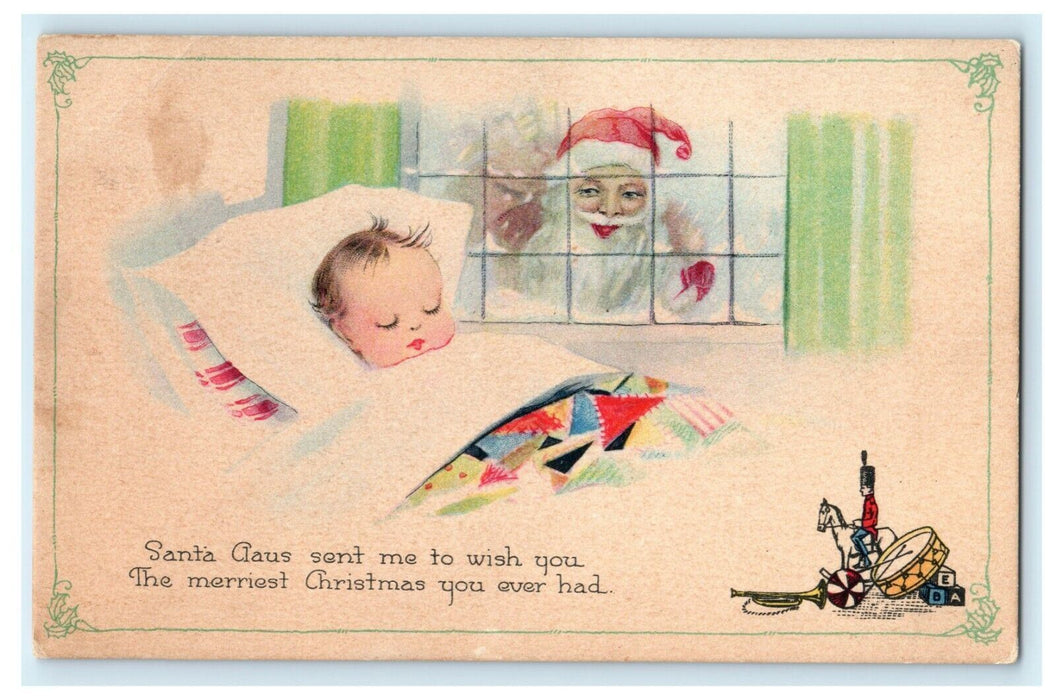 Christmas Santa Claus Creepy Peeping Baby 1921 Vintage Antique Postcard