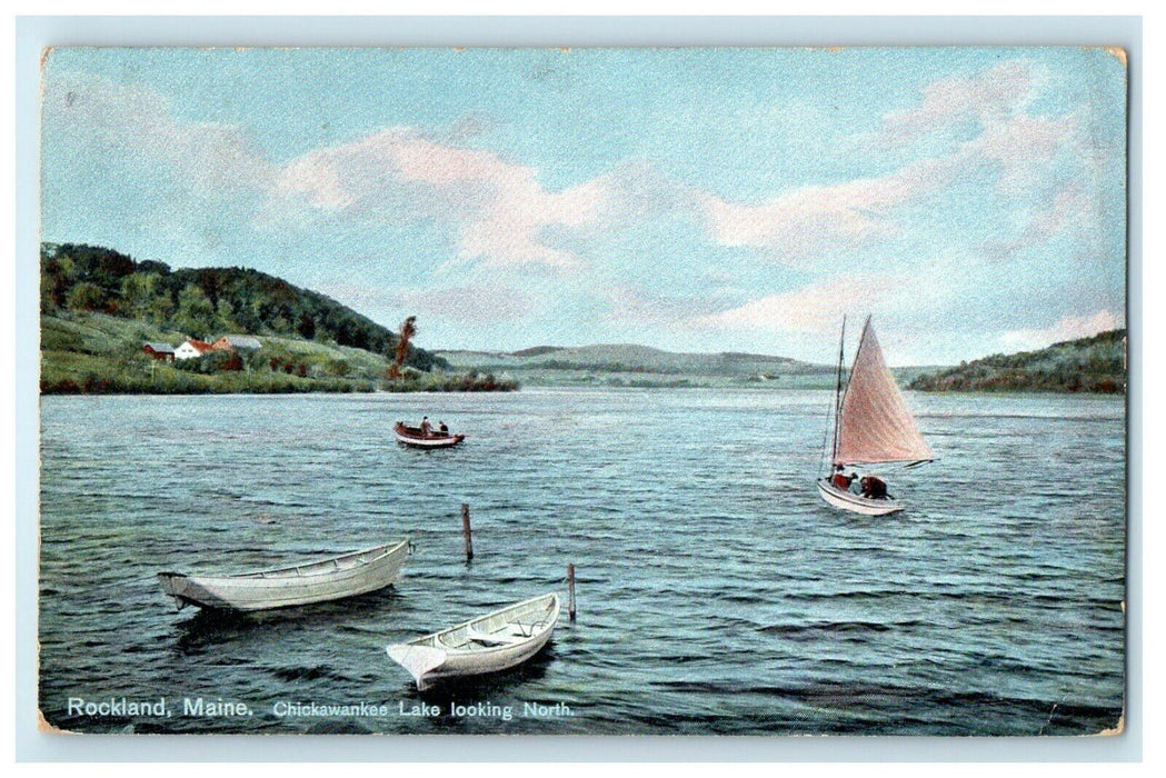 c1910's Rockland Maine ME, Chickawankee Lake Looking North Sailboat Postcard
