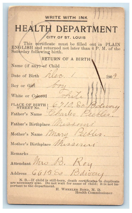 1909 Health Department City Hall St. Louis MO Return of Birth Postcard