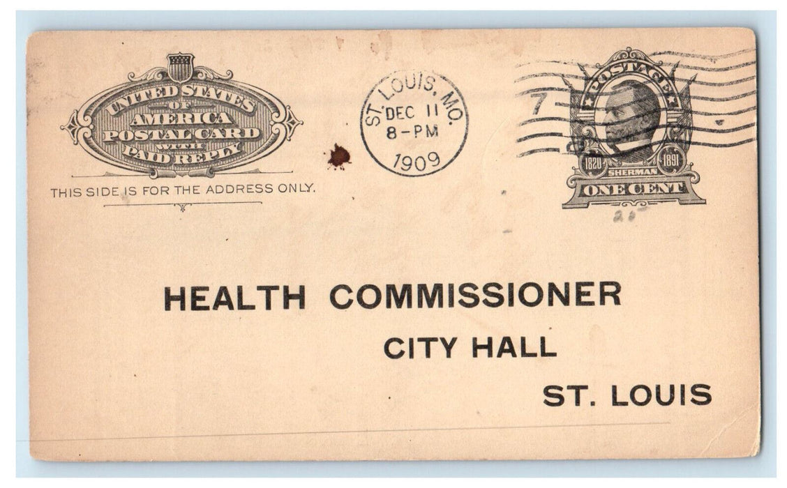 1909 Health Department City Hall St. Louis MO Return of Birth Postcard