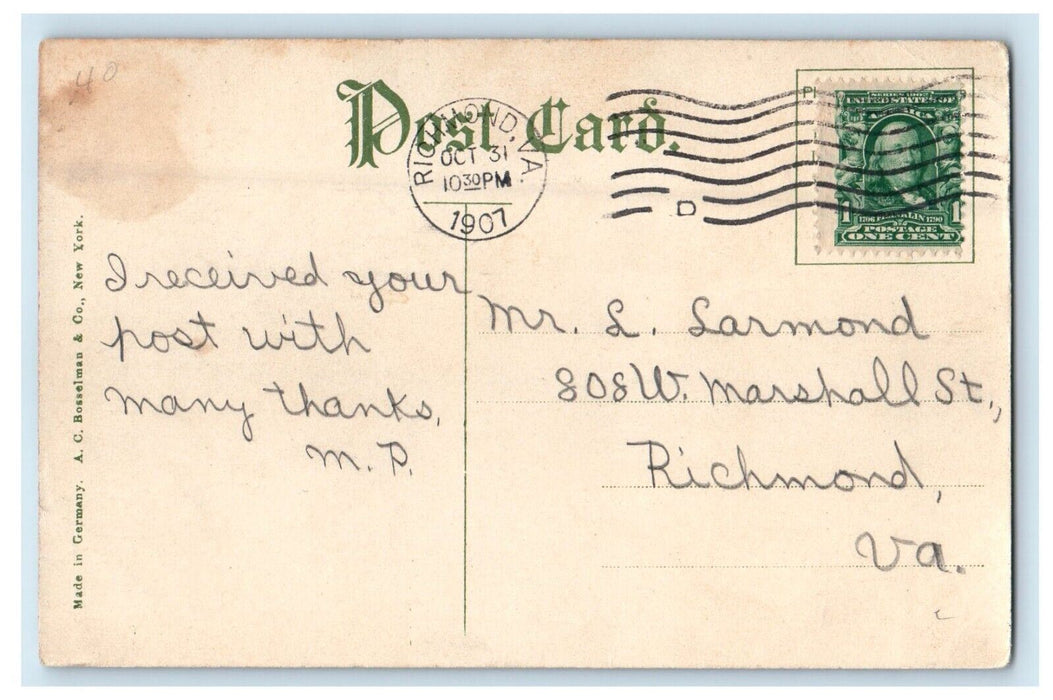 1907 Reservoir Lake Canoeing Richmond Virginia VA Posted Antique Postcard