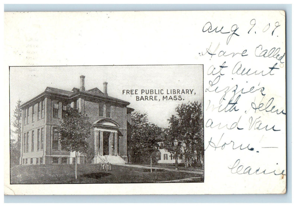 1909 Free Public Library Barre Massachusetts MA Posted Antique Postcard