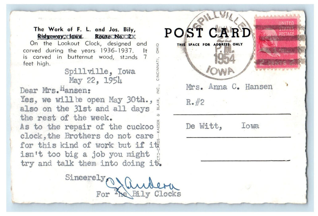 1954 Lookout Clock Spillville Iowa IA Bily De Witt Advertising Postcard ($30)
