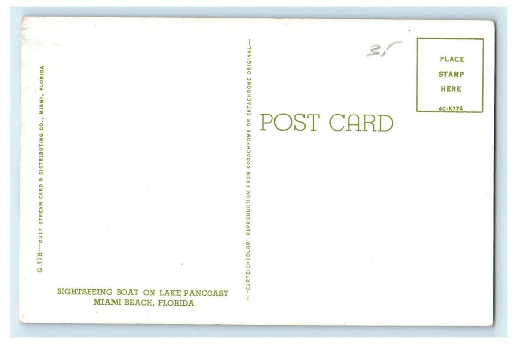 c1970 Sightseeing Boat on Lake Pancoast Miami Beach Florida FL Postcard