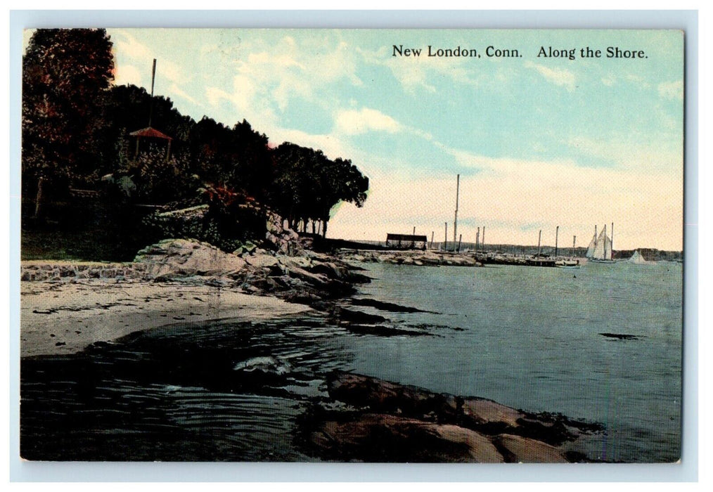 c1905 New London CT, Along The Shore Sailboat Unposted Antique Postcard