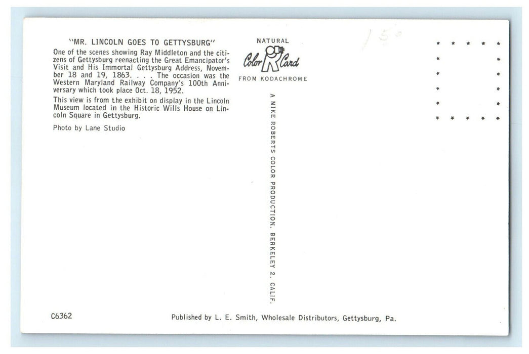 c1960 Mr Lincoln Goes to Gettysburg, Western Maryland Train Replica Postcard