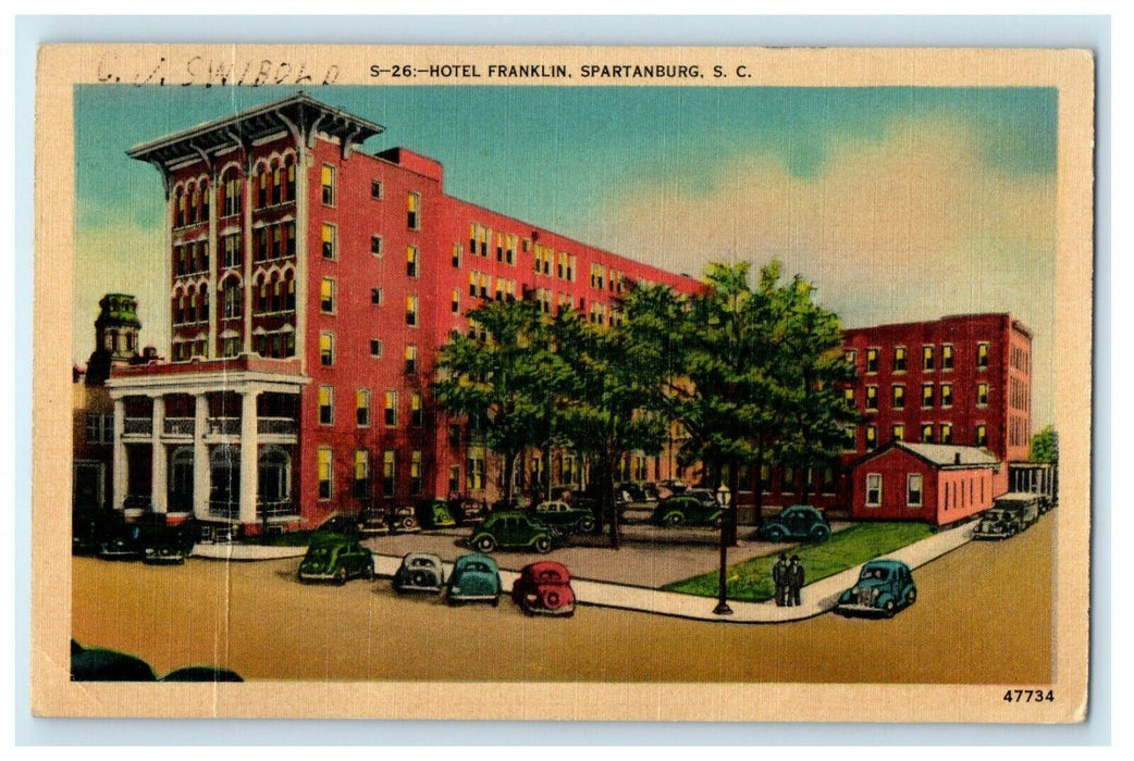 1941 Hotel Franklin Street View Cars Spartanburg South Carolina SC Postcard