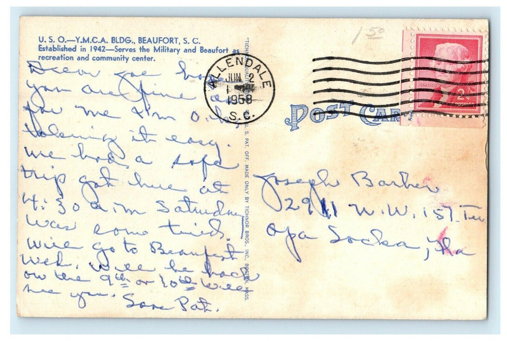 1958 U.S.O Y.M.C.A Building Beaufort South Carolina SC Posted Vintage Postcard