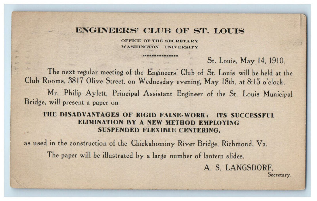 1910 Engineers Club of St Louis Washington University Richmond Virginia Postcard