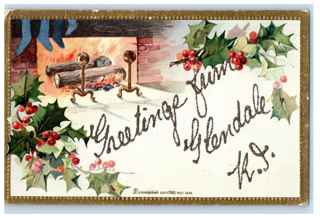 c1905 Greetings From Glendale Rhode Island RI, Holly Berries Embossed Postcard