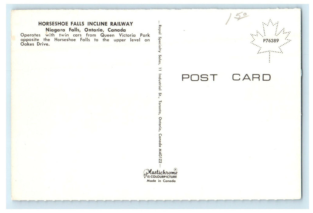 c1950 Horseshoe Falls Incline Railway Niagara Falls Ontario Canada CA Postcard