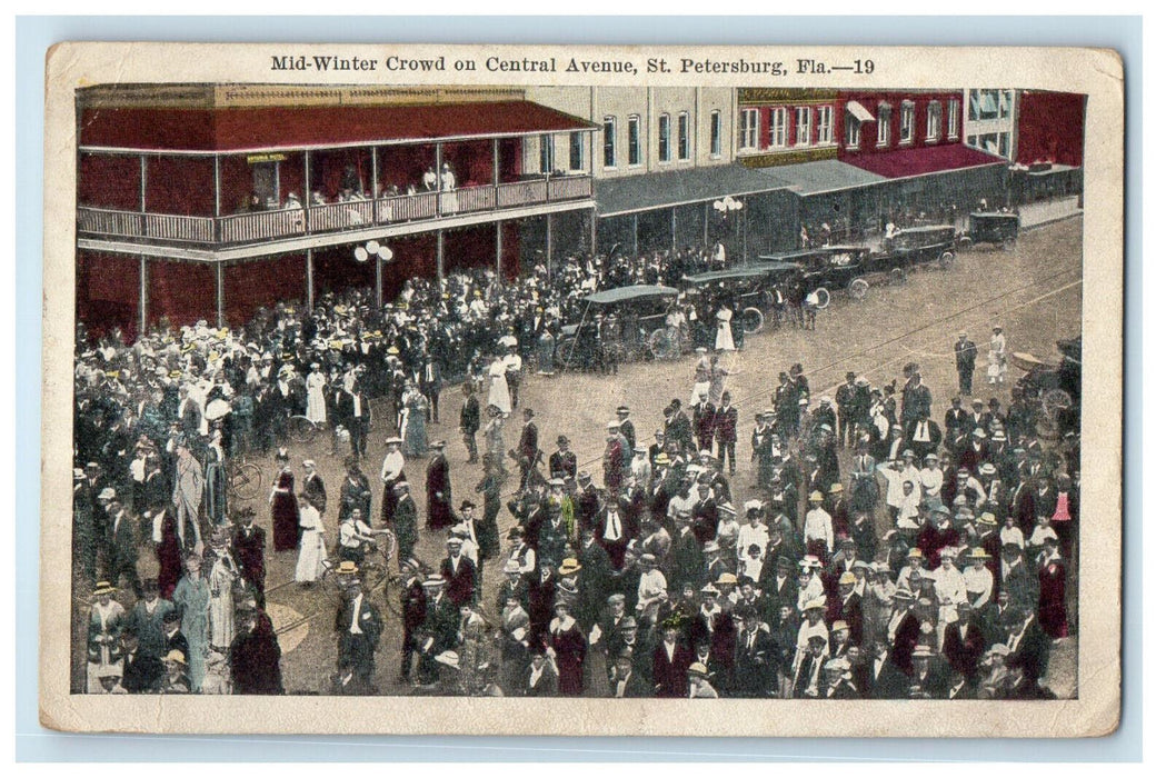 c1910 Mid-Winter Crowd on Central Avenue, St. Petersburg Florida FL Postcard